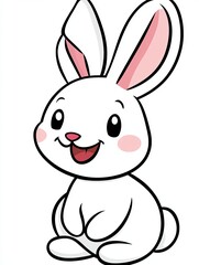 A cartoon illustration of a cute white rabbit with pink ears and a happy expression.