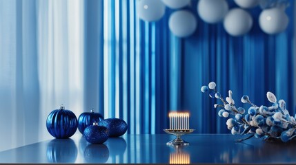 A contemporary office space with a small menorah placed on a polished desk, blue and white Hanukkah decorations hanging subtly in the background creating a festive workspace