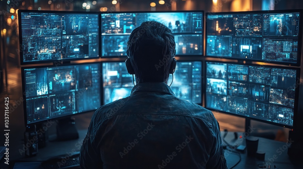 Poster a person monitoring multiple screens in a dimly lit room, focused on data analysis.