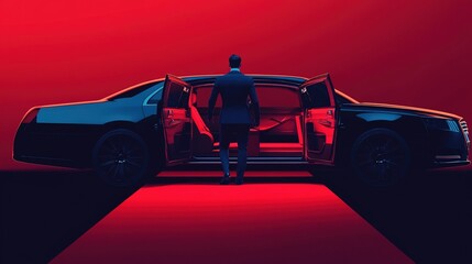 Luxurious Arrival: Man Approaching Limousine on Red Carpet