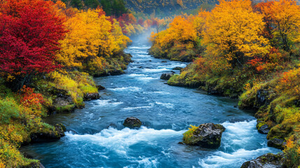 A serene river flowing through a vibrant autumn landscape with colorful foliage.