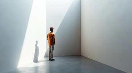 Obraz premium Introvert Shyness A person standing in a corner of a room, facing away from a group, symbolizing social withdrawal Turning away from the crowd, Introvert behavior, shyness