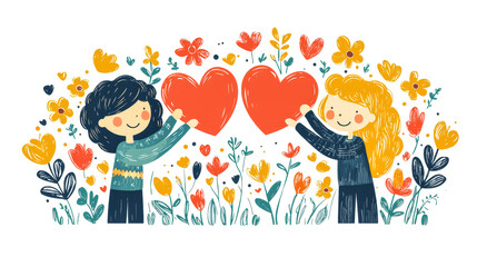 Fototapeta premium Cute Heart Illustration with Romantic Flowers