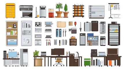 A large collection of office equipment and furniture, including desks, chairs, computers, printers, and more.