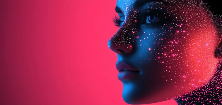 Portrait of a woman with luminous glitter on her face against a colorful abstract background.