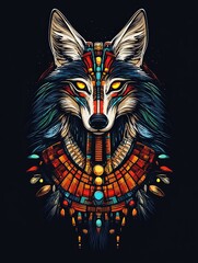 A stylized wolf with colorful tribal patterns and a necklace against a black background.