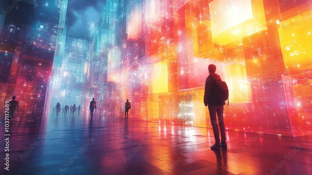 Poster a futuristic scene with illuminated structures and silhouettes of people exploring a vibrant space.