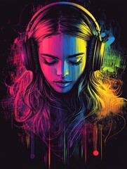 A colorful illustration of a woman wearing headphones, listening to music, with a colorful abstract background.