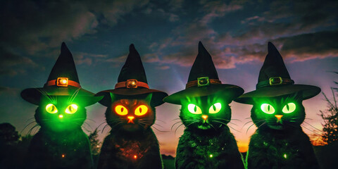 Four cats wearing witch hats with glowing eyes stand against a twilight sky, casting an eerie glow. Their eyes light up in various colors, creating a mysterious and magical atmosphere.AI generated.