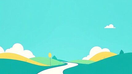 A minimalist landscape with a winding road, green hills, and a blue sky.