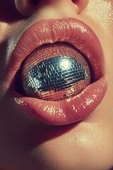 Close-up of shiny lips gripping a reflective disco ball, showcasing a blend of glamour and nightlife energy.
