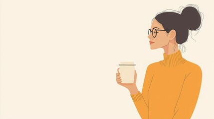 Introvert Shyness Individual holding a coffee cup, quietly observing from afar, flat design illustration