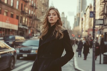 Fototapeta premium Elegant woman with flowing hair walking confidently through bustling city avenue, embodying urban chic and contemporary fashion.