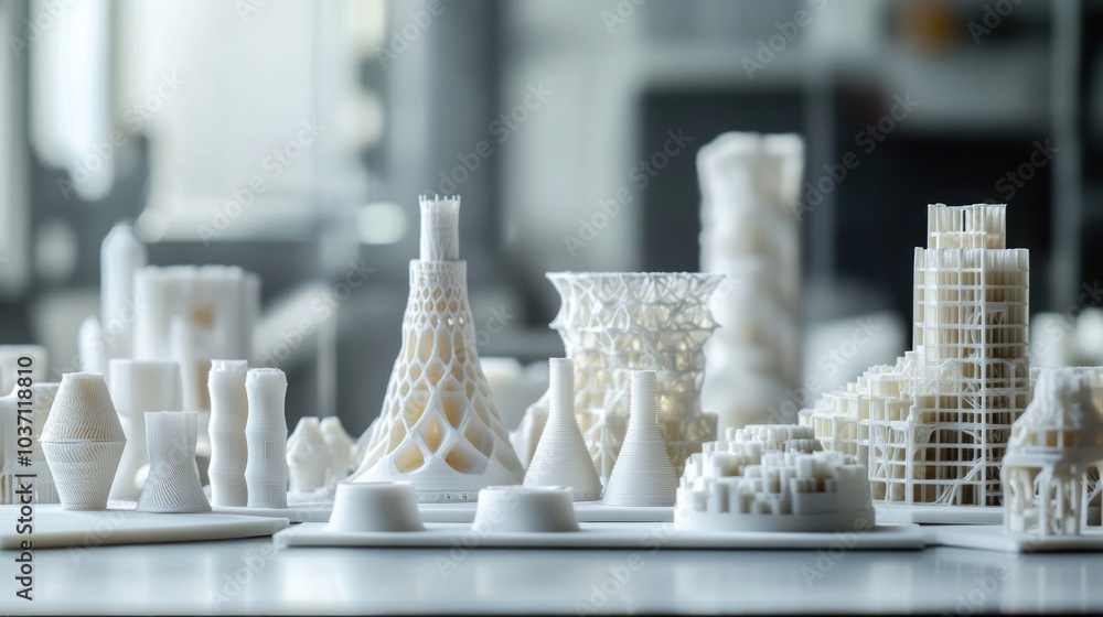 Poster a collection of intricate 3d-printed architectural models displayed artistically.