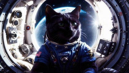 -A black cat in a cosmonaut spacesuit