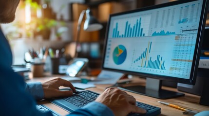 A person analyzing data on a computer screen displaying various graphs and charts in a well-lit workspace.