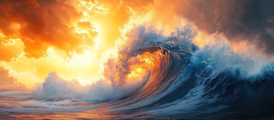 Fototapeta premium A dramatic wave crashing under a vibrant sunset, showcasing nature's power and beauty.