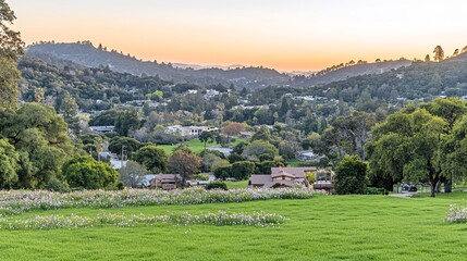 Obraz premium A panoramic view of a valley with a small town nestled in the hills, bathed in the warm glow of the setting sun. The foreground is a field of wildflowers, adding vibrant pops of color to the scene.