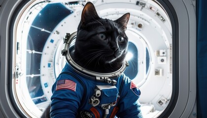 -A black cat in a cosmonaut spacesuit