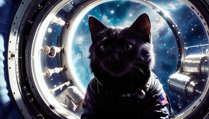 -A black cat in a cosmonaut spacesuit