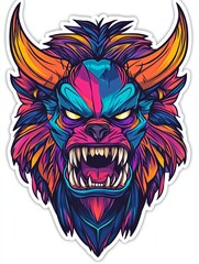 Fototapeta premium A colorful, fierce, and detailed illustration of a mythical beast with horns, fangs, and a vibrant, angular face.