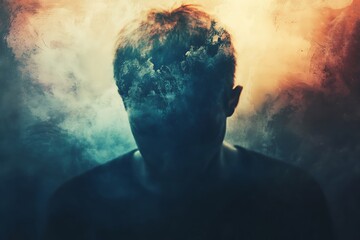 A shadowy figure enveloped in a mix of warm and cool hues, symbolizing the balance of emotions, self-reflection, and the duality of light and dark within the mind.