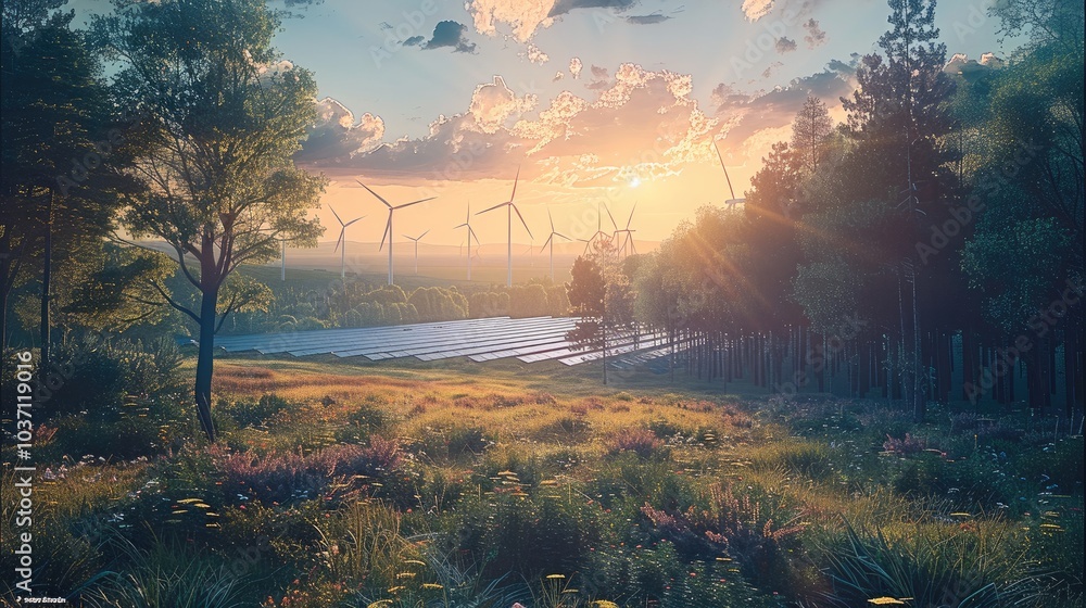 Poster a forest or open field with wind turbines and solar panels, showcasing the harmony between renewable