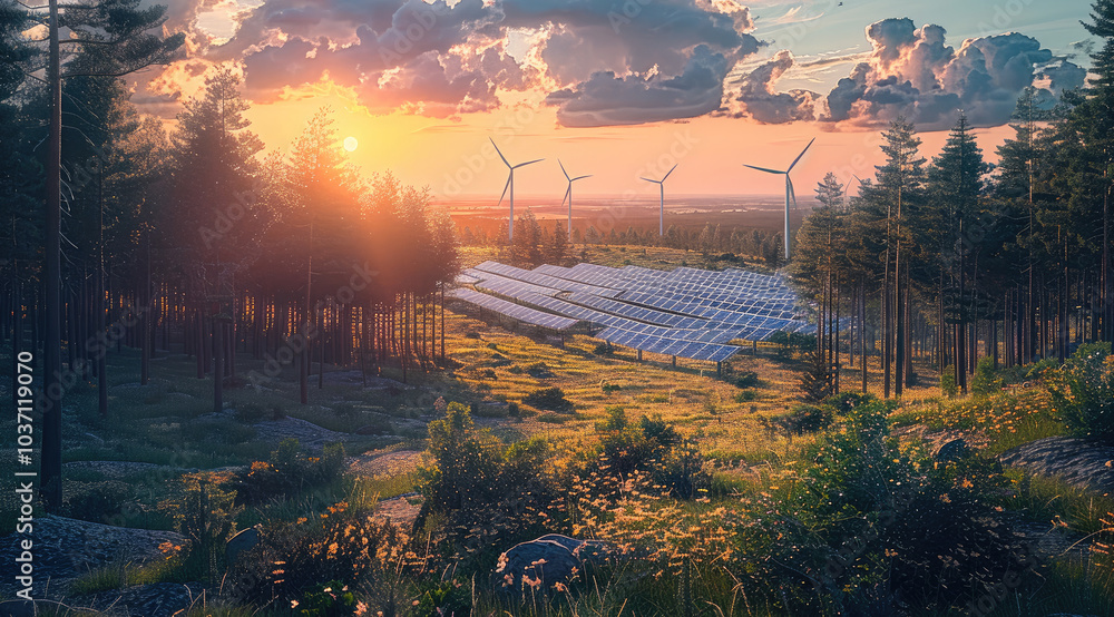 Poster a forest or open field with wind turbines and solar panels, showcasing the harmony between renewable
