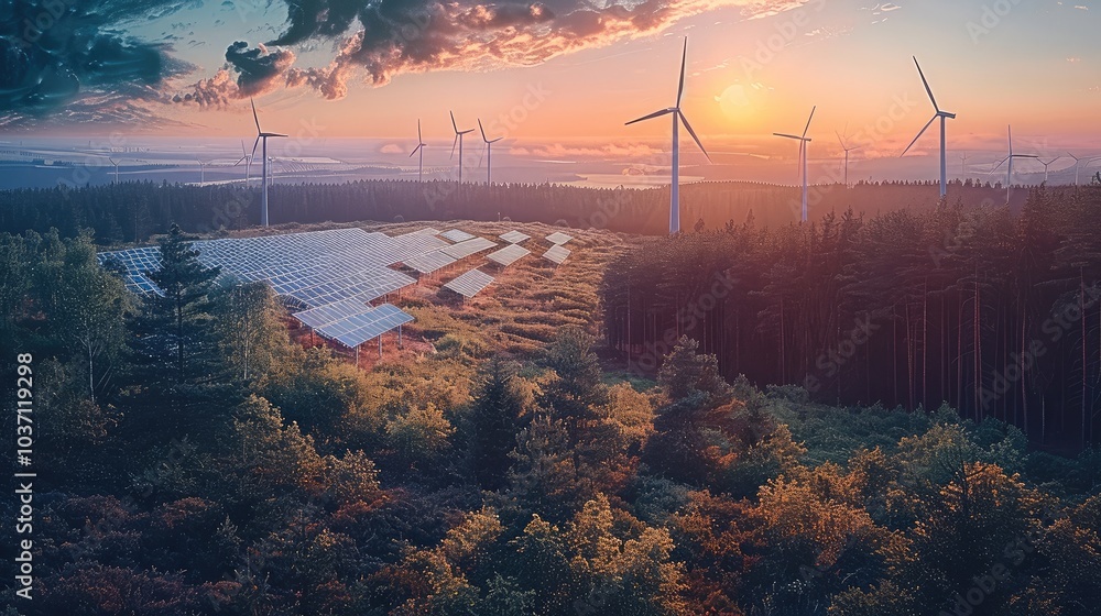 Poster a forest or open field with wind turbines and solar panels, showcasing the harmony between renewable