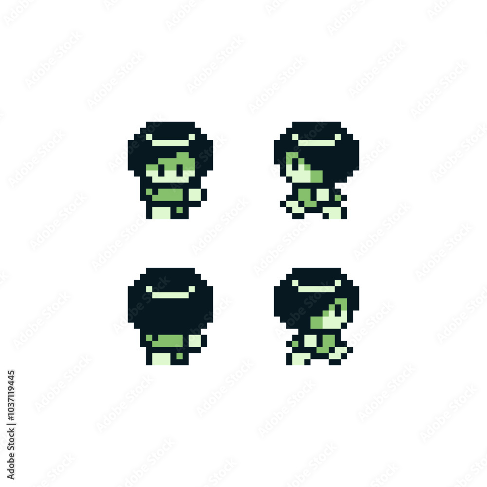 Poster cute tiny character pixel art style for arcade game, isolated vector. 8 bit cartoon game background,