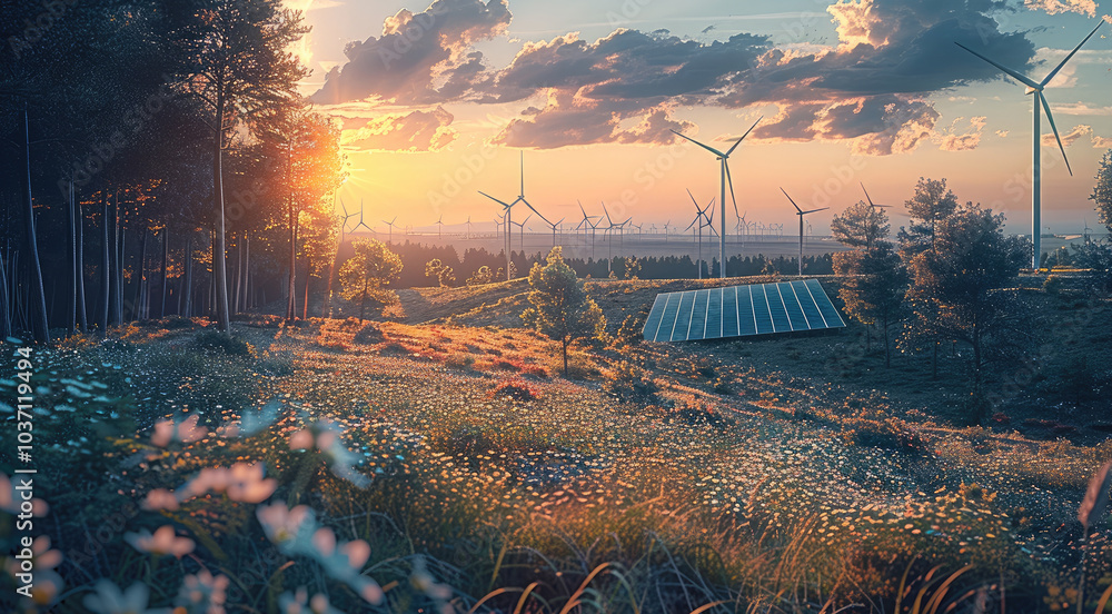 Poster a forest or open field with wind turbines and solar panels, showcasing the harmony between renewable