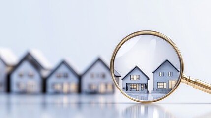 A magnifying glass focuses on detailed house drawings, emphasizing real estate and architectural design against a backdrop of multiple similar houses.