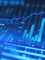 A blurred background with a blue finance graph and investment bar, showcasing growth and success in the market with technology currency reports chart. Business stock world economy AI computer