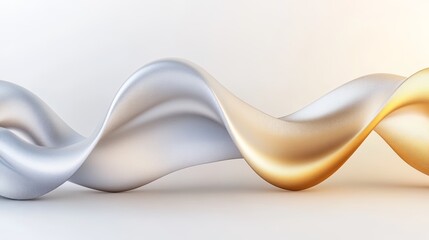 A flowing, abstract design featuring smooth waves in shades of gold and silver against a minimalistic background.