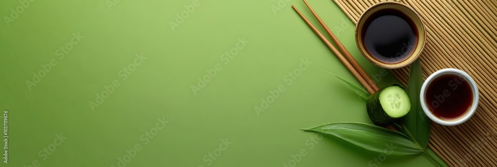 Poster A sushi roll placed next to a bowl of soy sauce with chopsticks and cucumber on a vibrant green background creating a relaxing atmosphere. Generative AI