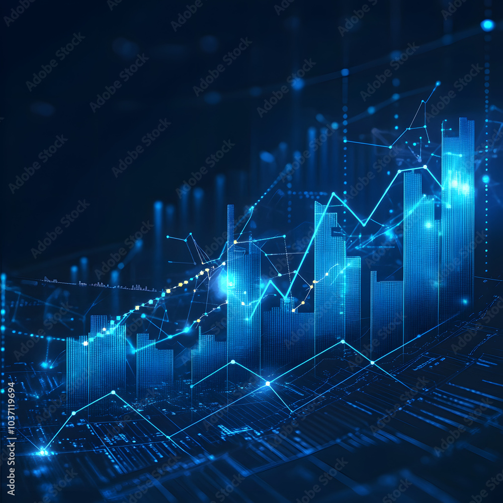 Canvas Prints A blurred background with a blue finance graph and investment bar, showcasing growth and success in the market with technology currency reports chart. Business stock world economy AI computer