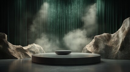 A serene, minimalist stage set featuring a circular platform, surrounded by textured rocks and illuminated by soft, atmospheric lighting.