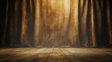 A dimly lit stage with textured curtains and a wooden floor, evoking a sense of anticipation and drama.