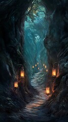 A Mystical Forest Path Illuminated by Lanterns