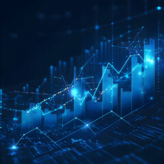 A blurred background with a blue finance graph and investment bar, showcasing growth and success in the market with technology currency reports chart. Business stock world economy AI computer