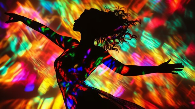 A dynamic silhouette of a dancer gracefully moves amidst vivid, colorful light patterns, creating an energetic and artistic scene. - Powered by Adobe