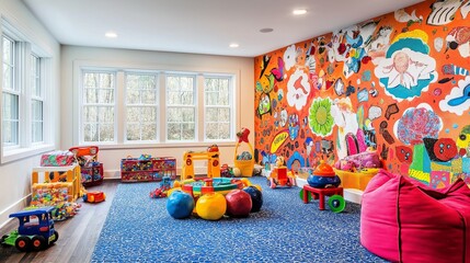 A lively playroom featuring bright, eclectic decor, including colorful wall murals, playful textiles, and an assortment of toys. The vibrant space encourages creativity and fun for children.