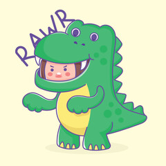 Cute Roaring Child in Green Dino Suit, Cute Kid in Dinosaur Costume Illustration, The flat design style character perfect for children's content, parties, or educational materials.