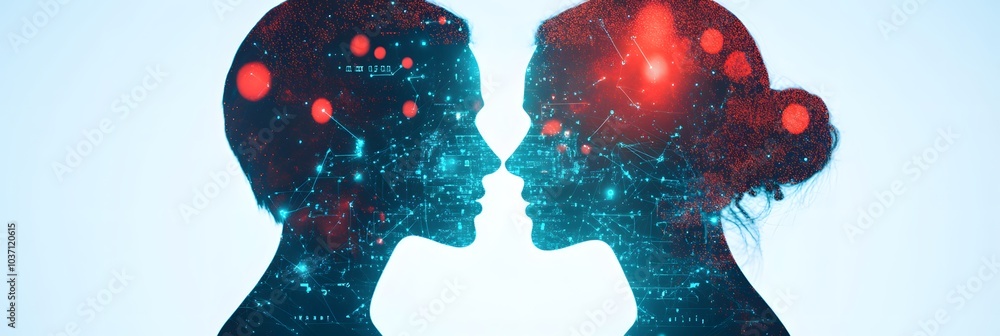 Poster a visually striking silhouette of two faces, interconnected by digital patterns and vibrant colors, 