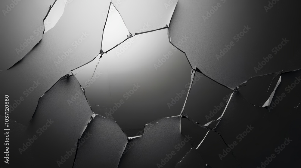 Poster a close-up image of cracked, shattered glass displaying intricate patterns in a monochromatic style.