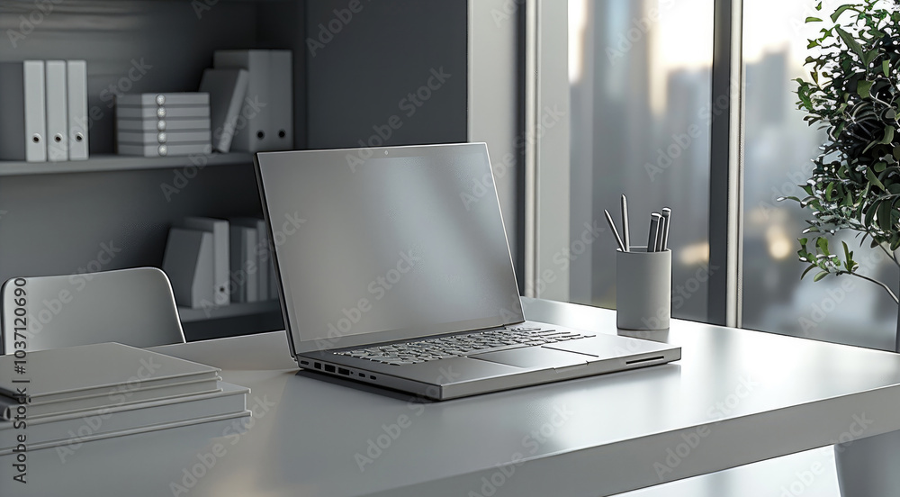 Leinwandbilder A gray office table with a state-of-the-art laptop, some property regularization office objects.