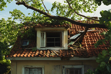house roof damage destroy destruct fallen tree hurricane severe storm strong wind bending branches natural disaster rainstorm typhoon heavy rain rainfall destruction storm nature environment weather