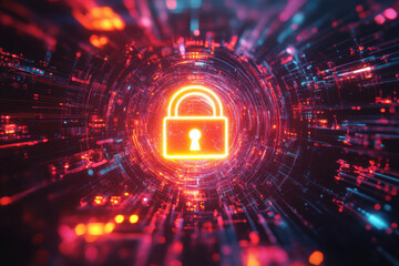A futuristic digital image featuring a glowing padlock surrounded by vibrant data streams and neon lights, symbolizing cybersecurity and data protection.