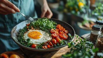 Person enjoying a serene breakfast plate with an emphasis on organic ingredients in a clean kitchen