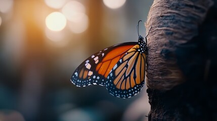 A close-up of a vibrant monarch butterfly resting on a tree, illuminated by warm sunlight in a natural setting.